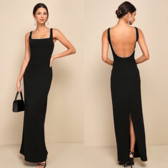 Lulus Timeless Poise Black Rhinestone Square Neck Backless Maxi Dress S Wedding - Picture 1 of 10